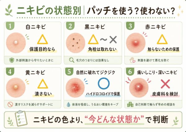白ニキビ赤ニキビ黄ニキビなど状態別のニキビパッチの使い分け