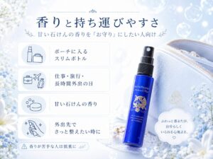 持ち運び・香り／ポーチに入る青いボトル・甘い石けんの香り