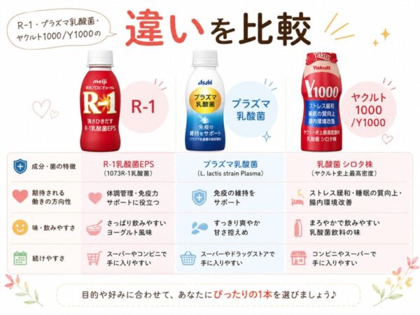 R-1・プラズマ乳酸菌・ヤクルト1000/Y1000の違いを比較