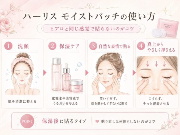 ハーリスの貼り方4ステップ。洗顔→保湿ケア→自然な表情で貼る→真上からやさしく押さえる