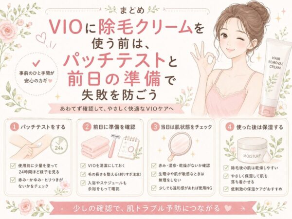まとめ｜VIOに除毛クリームを使う前は、パッチテストと前日の準備で失敗を防ごう