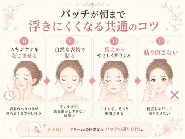洗顔→スキンケアをなじませる→目のキワから約5mm離して貼る→真上からやさしく押さえて就寝、の4ステップ