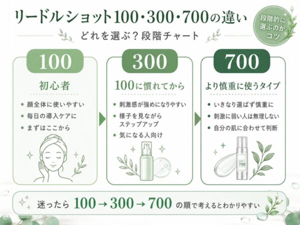 100=初心者・顔全体・毎日の導入ケア/300=100に慣れてから/700=より慎重に使うタイプ、の段階チャート