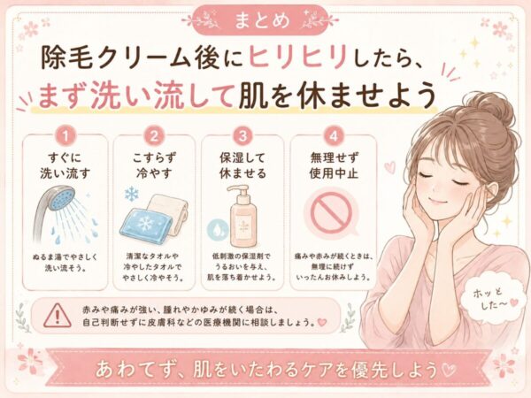 まとめ|除毛クリーム後にヒリヒリしたら、まず洗い流して肌を休ませよう