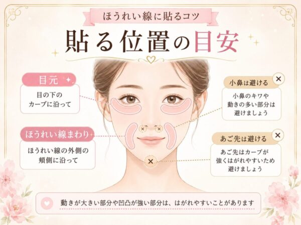 ヒアロディープパッチを目元とほうれい線まわりに貼る位置
