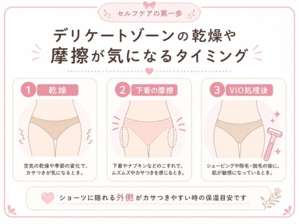 乾燥・下着の摩擦・VIO処理後の3つをやさしく示す図
