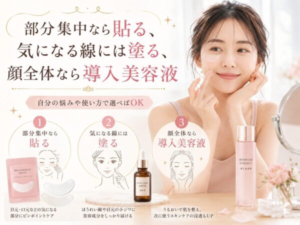 部分集中なら貼る、顔全体の最後ならクリーム、最初なら導入美容液