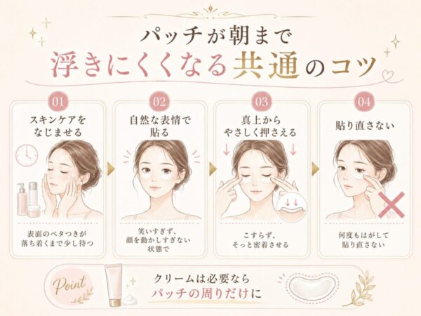 スキンケアをなじませる、自然な表情で貼る、真上からやさしく押さえる、貼り直さない4ステップ