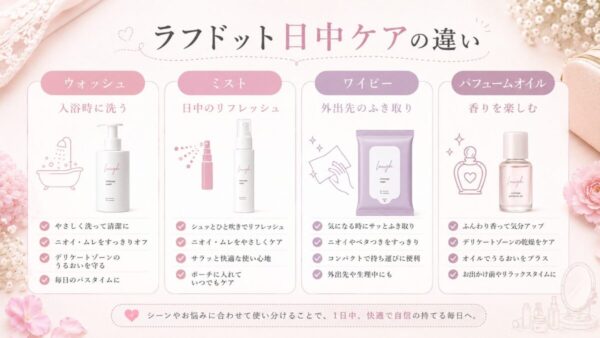 ラフドットミスト・ワイピー・パフュームオイル・ウォッシュの違い
