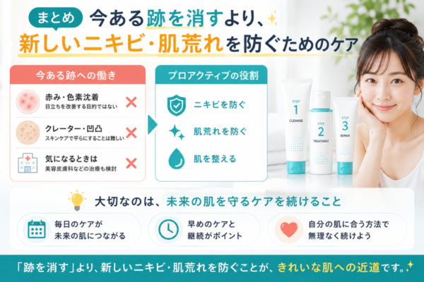 今ある跡を消すより、新しいニキビ・肌荒れを防ぐためのケア