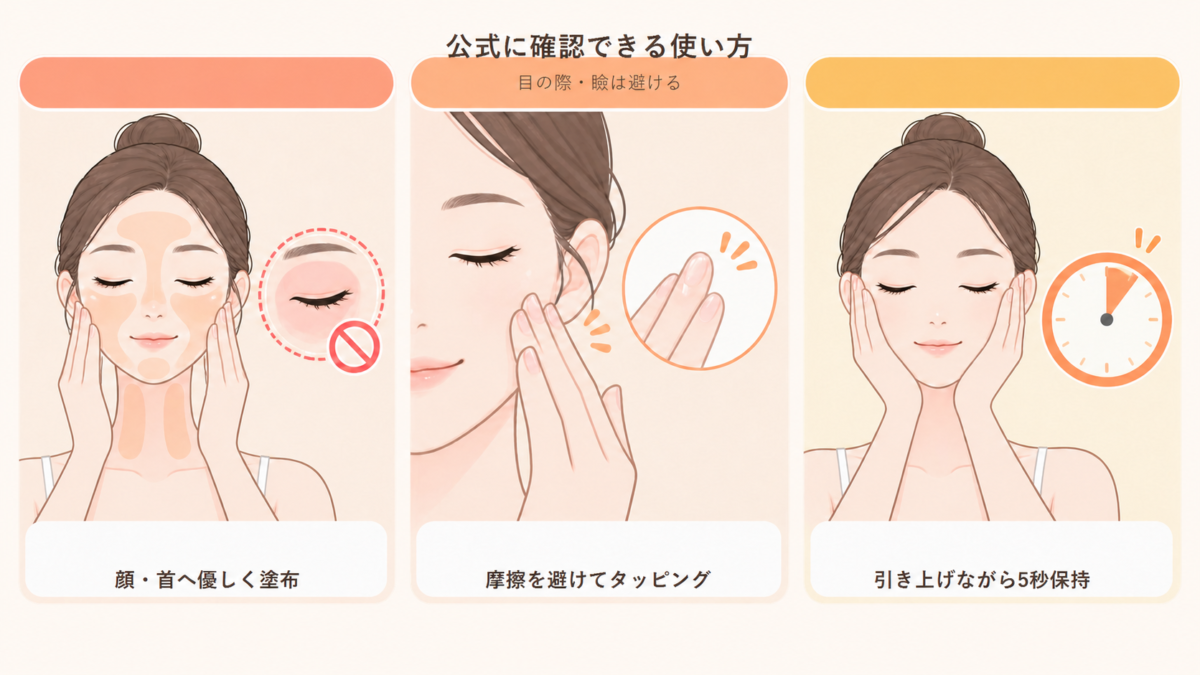 顔と首への優しい塗布、タッピング、5秒保持の公式確認済み使用方法を示す図