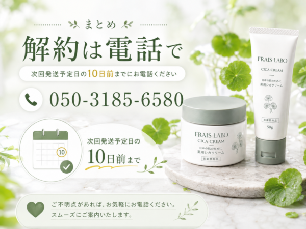 解約は050-3185-6580へ次回発送予定日の10日前までに電話で
