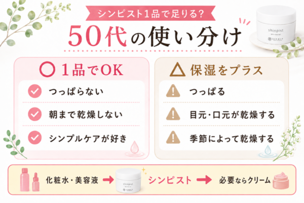 50代がシンピスト1品で使う場合と化粧水を併用する場合