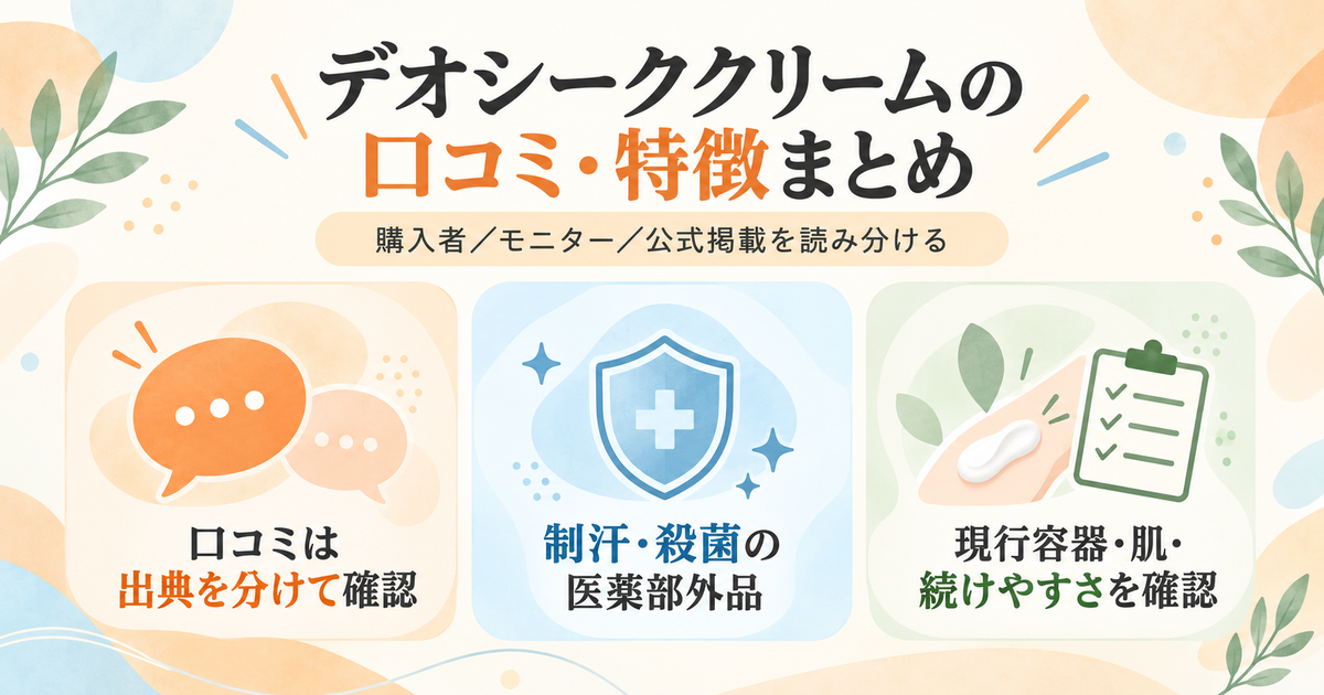 デオシーククリームの口コミの見方と医薬部外品としての特徴、購入前の確認点をまとめた図